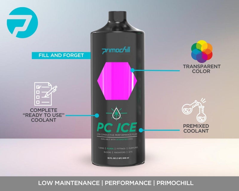 PrimoChill بريمو تشيل آيس - سائل تبريد المياه للكمبيوتر، املأ وانسَ، لزوجة منخفضة، محتوى كيميائي منخفض، حماية كاملة، مصنوع بفخر في الولايات المتحدة الأمريكية (32 أونصة / 0.9 لتر) - شفاف وردي تحت الأشعة فوق البنفسجية - Image 4